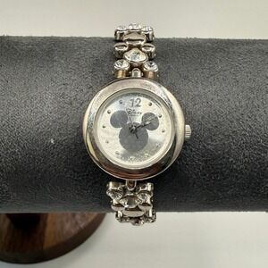 Disney Time Works Mickey Mouse Silver Tone Rhinestone Link Bracelet Watch 3ATM